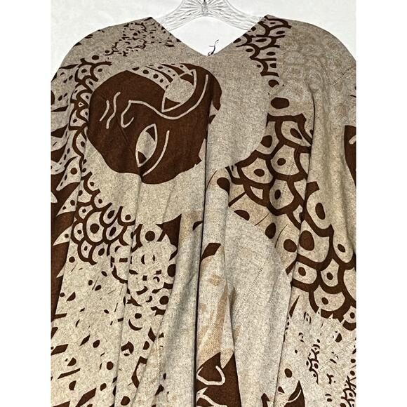 100% Wool Knit Shawl Cardigan Wrap Open Beige Fringed Bohemian Made in Italy - Picture 4 of 13